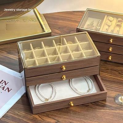 Vintage Walnut Jewelry Organizer Earrings Necklace Dust Jewelry Box Home Desktop Large Capacity 3 Layer Jewelry Box