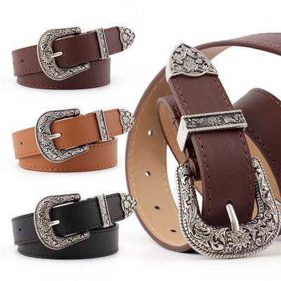 Black Leather Women Belt Vintage Pattern Metal Buckle Waist Belts For Ladies Cowboy Pants Belt Waistband Ceinture Femme