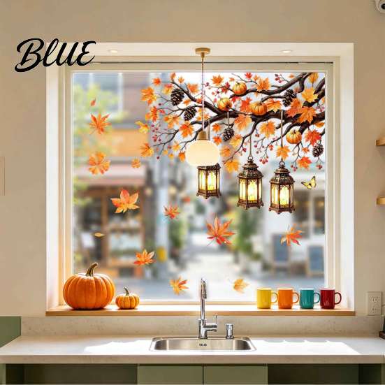 Static Cling Window Decals Autumn Maple Leaf And Lantern Sticker Double Sided PVC Waterproof Thanksgiving Party Decor Decals Removable Electrostatic