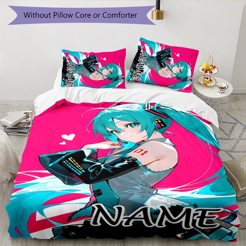 Set Copripiumino Hatsune Miku 3 Pezzi - Nome Personalizzato, Biancheria da Letto Stampata HD con 1 Copripiumino e 2 Federe - Perfetto per l'Arredamento della Casa, Facile da Curare
