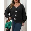Plus Size Women's Sweater Pineapple Sleeve Patchwork Deep V Knitted Base Shirt 3D Lace Butterfly Patchwork Pullover Top