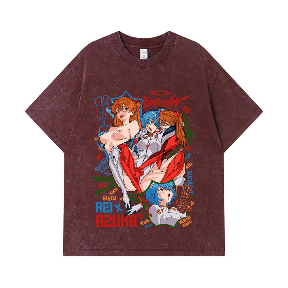 T-shirt Lavate 275 GSM 100% Cotone Evangelion V9 Asuka Rei Stampa Waifu Unisex T-shirt in Cotone Pesante