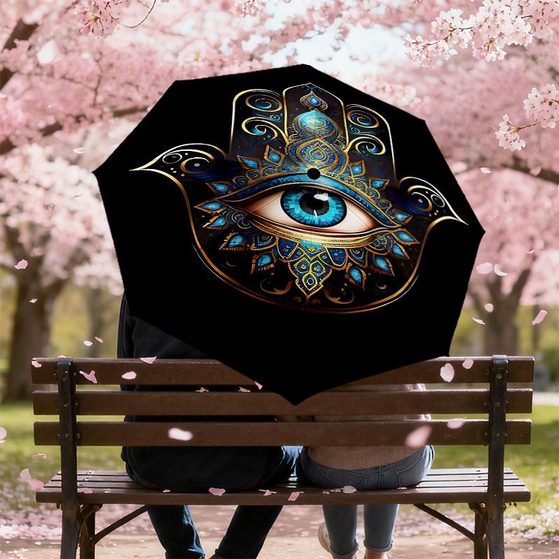 1PC Hamsa Eye Automatic Open/Close Umbrella with Windproof, 8-Rib Sturdy Canopy, Durable Ribs, Fashionable Design, Outdoor Accessory, Fun Prin, Holida