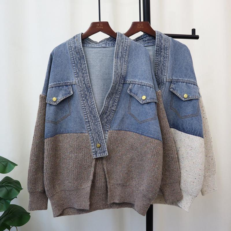 Denim Splicing Design Sense Knitted Cardigan Autumn and Winter New Loose Sweater Jacket Women
