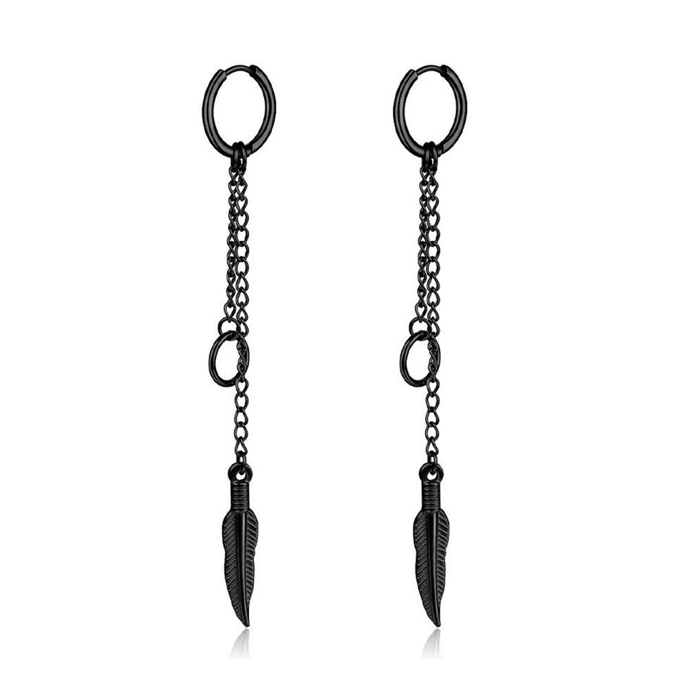 2pcs/set Black Or Silvery Unisex Punk Stainless Steel Cross Cone Feather Chain Pendant Hoop Earrings Ear Stud Jewelry Set
