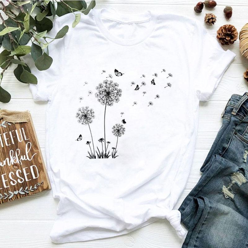 Women's dandelion floral print letter t-shirt - Trendy women's T-shirt with short sleeves Summer polyester fabric