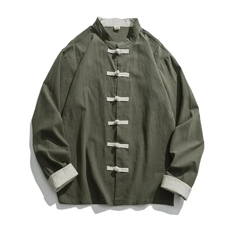Kimono Jacket Men Traditional Chinese Clothing Linen Hanfu Top Long Sleeve Tang Suit Kung Fu Shirt Cardigan Coat