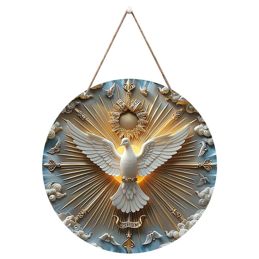 

2D Flat Christ The Spirit Dove Pendant 20x20cm Wooden Wall Hanging Decoration Round Relief Effect Sign Hanging Pendant Ornaments