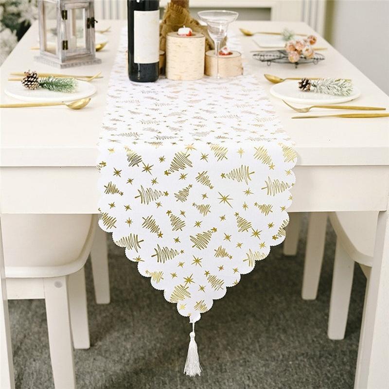 Merry Christmas Table Runner Bronzing Tassel Tablecloth Christmas Home Decoration New Year
