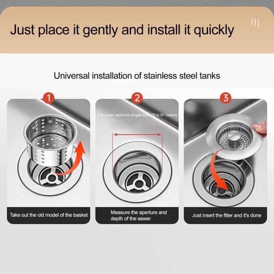 Stainless Steel Kitchen Sink Filter 3-in-1 Design Odor Blocking Anti-Clog Universal Fit