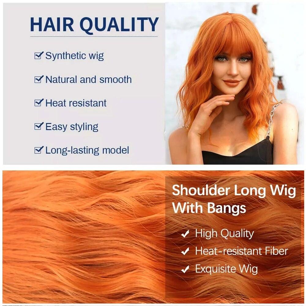 Shoulder Long Copper Ginger Wig Orange Synthetic Water Wave Wigs for Women Heat Resistant Daily Halloween Cosplay Wig with Bangs