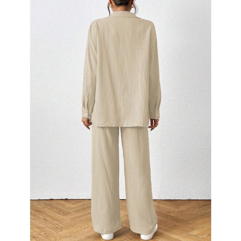 Women 2 Piece Casual Set Button Up Shirt And Elastic Waist Wide Leg Pants