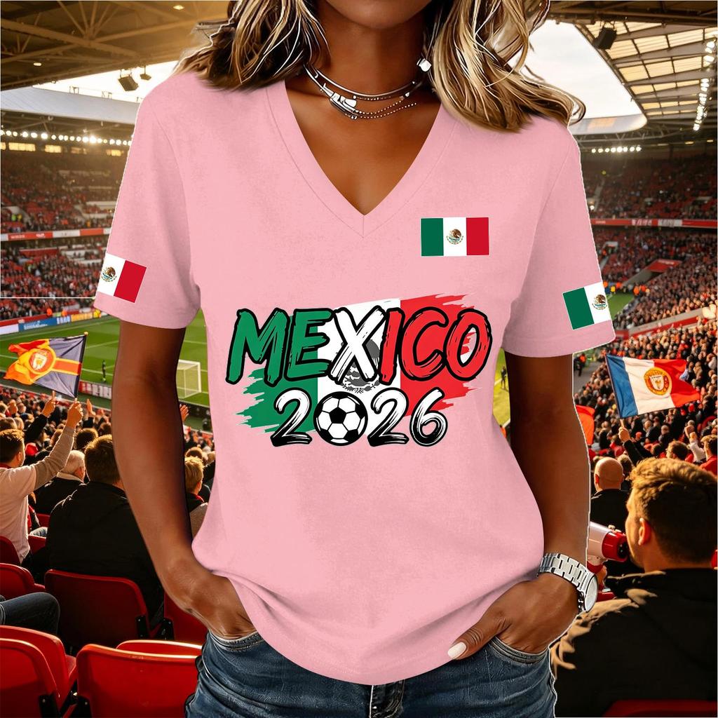 Women's Casual V Neck Pullover Short Sleeve Top Soccer National Flag Print Support Shirt Mexico 2026 Design Lightweight Comfortable Fit