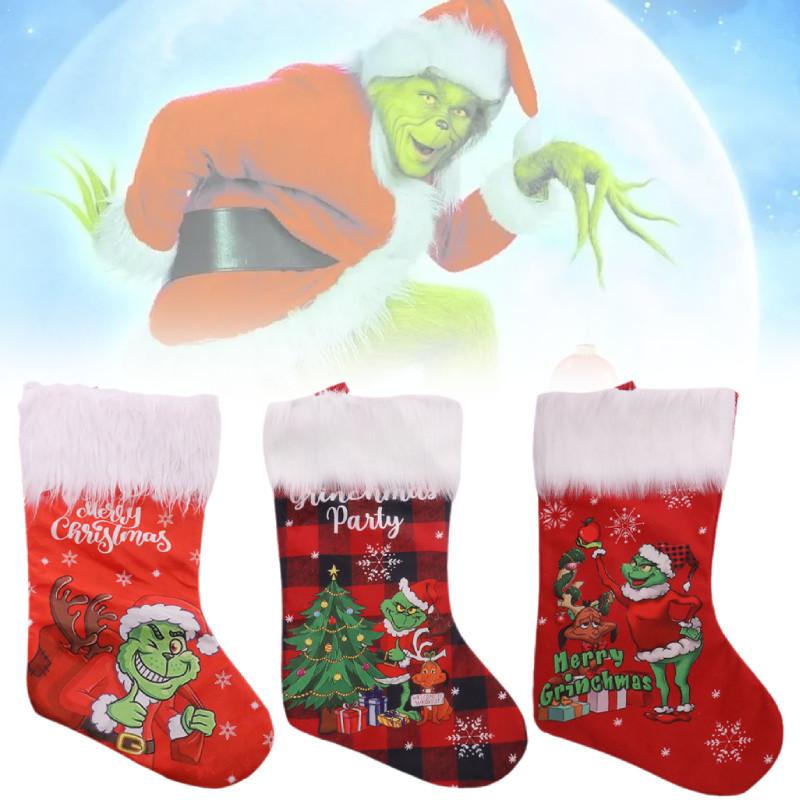Plush Grinch Christmas Stocking Cozy Gift Bag For Kids Holiday Candy Holder