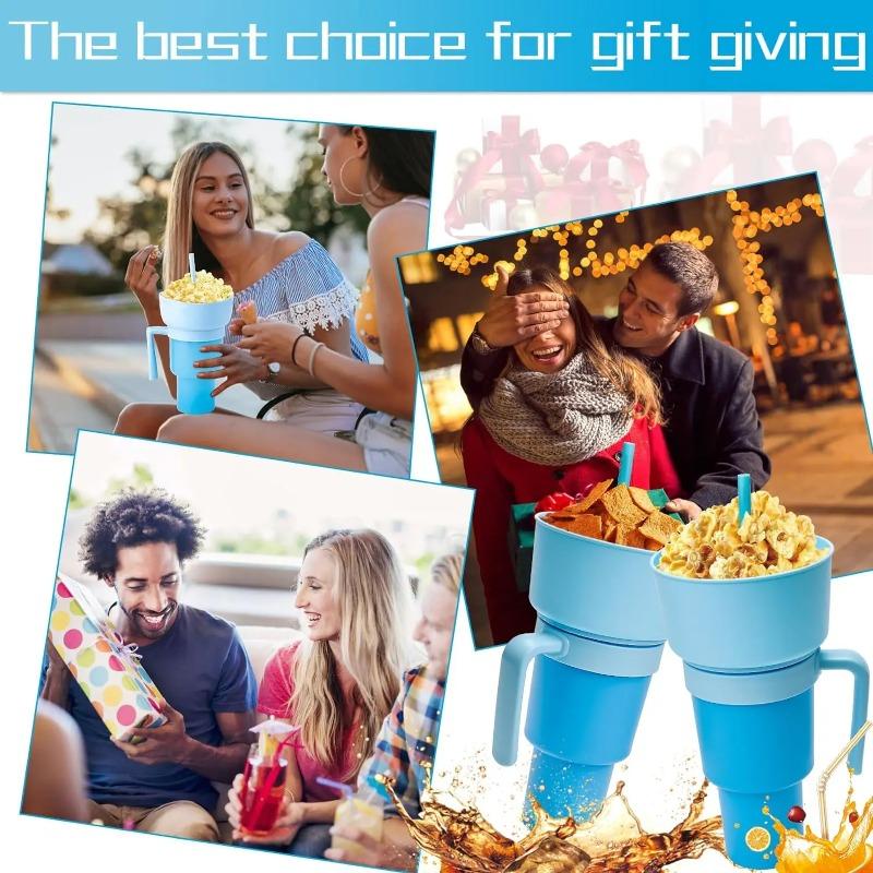 Neuer 2-in-1-Kreativ-Popcorn-Snackbecher, integrierter Getränkebecher mit Griff, tragbarer Getränkebecher, neuartiges Design und viele Funktionen