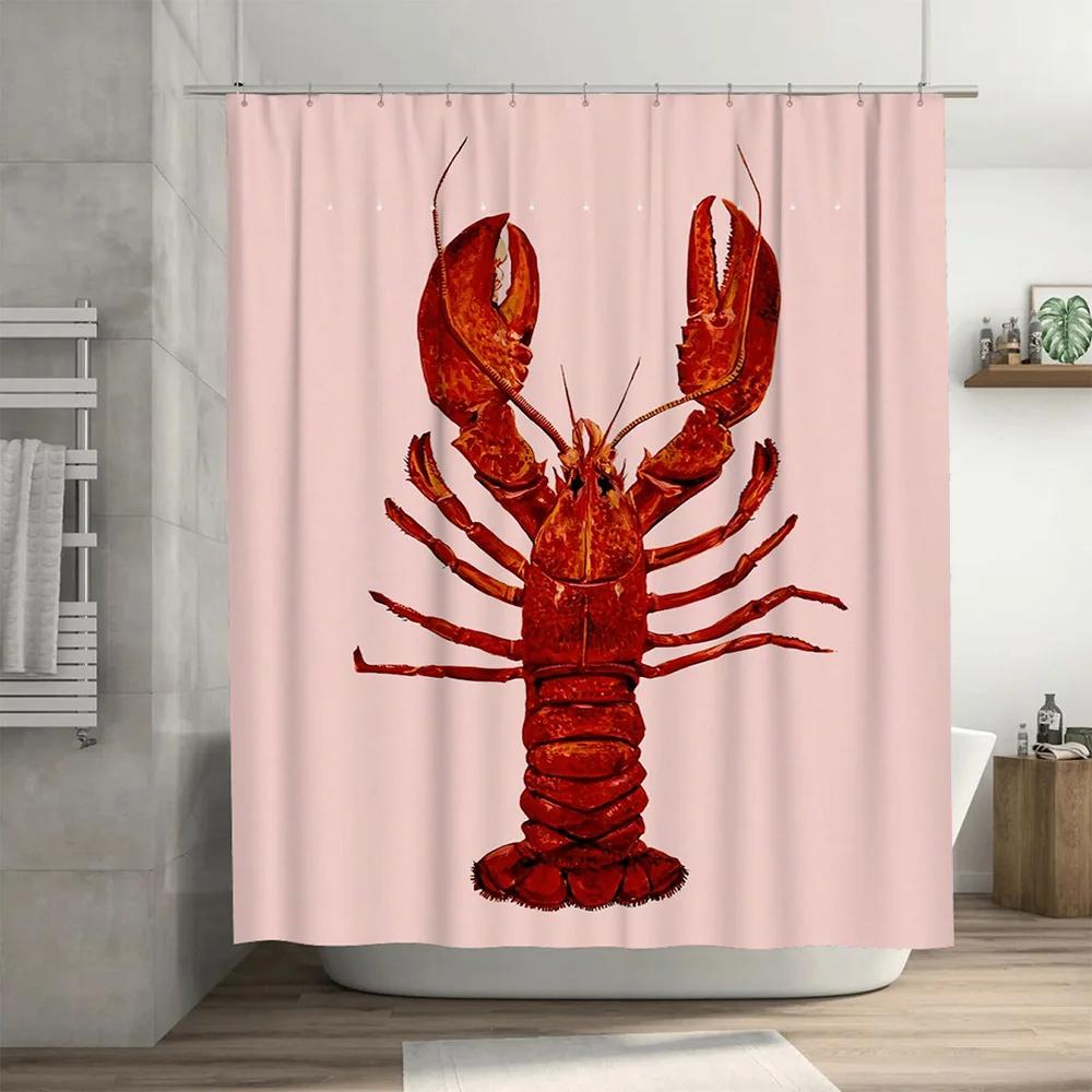 Red Lobster-themed 3D printed shower curtain for bathroom decor waterproof fabric with rod hooks included (Light Pink)