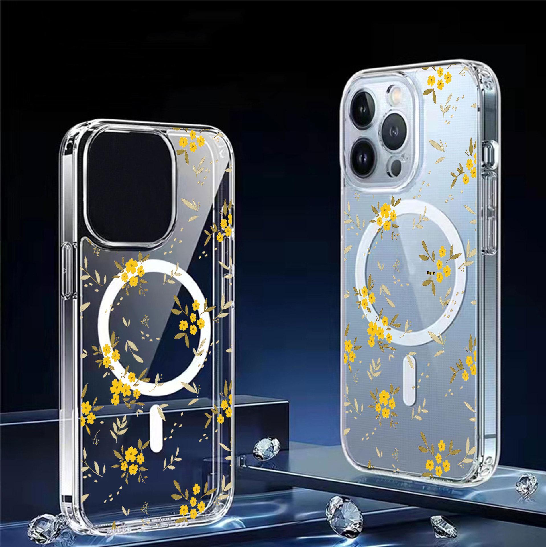 

Yellow Floral Magnetic Case for iPhone 14/15/16/17 Pro Max - Transparent Full Coverage iPhone 17 Air прозрачный