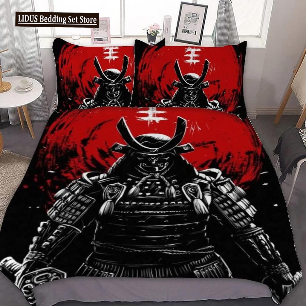Japanischer Schwarz-Weiß-Tuschestil Samurai-Schwert Rote Sakura 3D Bettbezug-Set Queen-Size Bushido-Kultur Bettwäsche-Set Bettdecken-Set