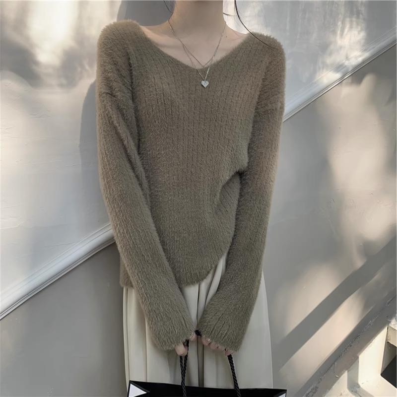 Women's Slim Fit V-Neck Knitted Sweater - Soft Imitation Mink, Perfect for Spring, Autumn, and Winter.