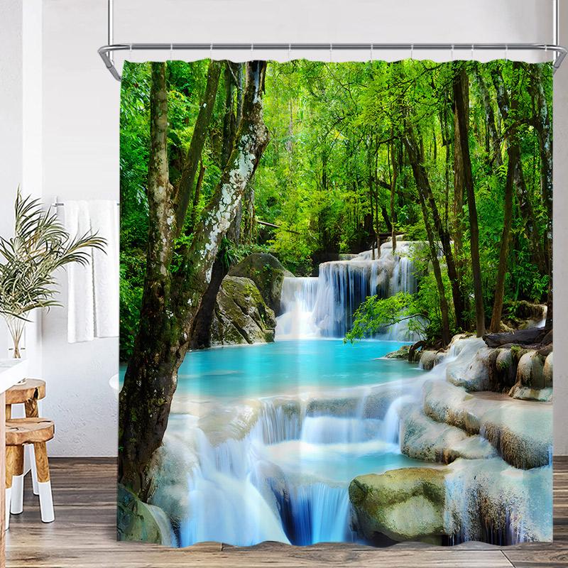 Nature Waterfall Landscape Shower Curtains Forest Lake Crane Lotus Flowers Chinese Style Scenery Home Bathroom Curtain Decor Set