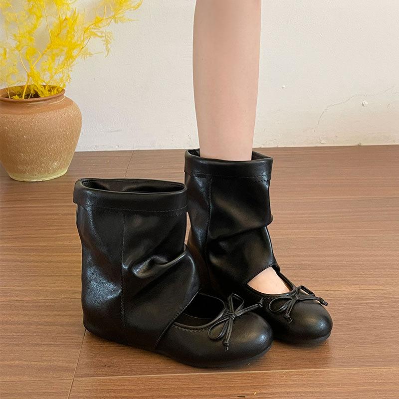 Bow inner height increase pile cool boots women's 0000 spring and autumn sandals bow ballet pleated short boots women's short boots