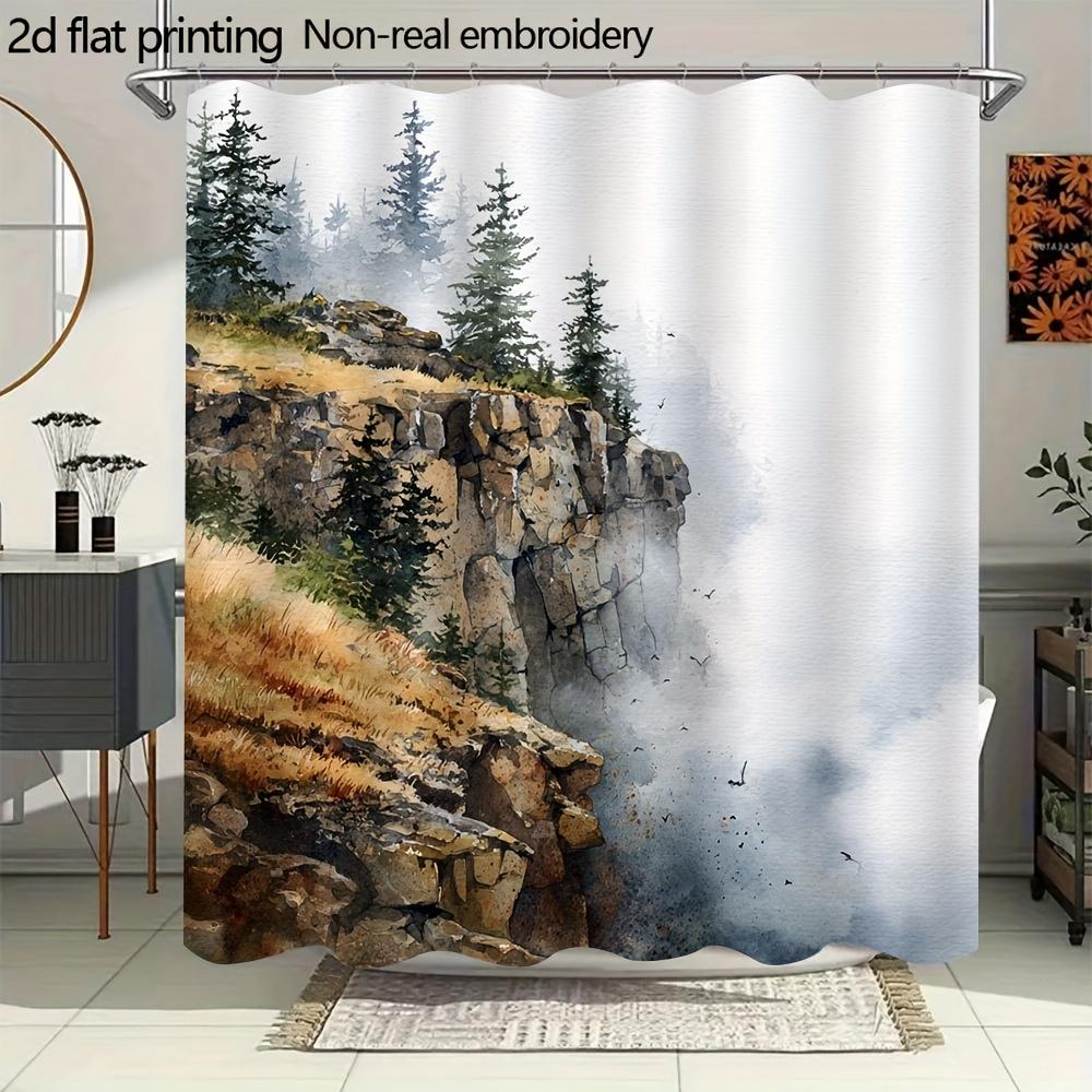 

Misty Cliffside Pine Landscape Shower Curtain 1Pc With 12 Hooks For Bathroom Home Decor Polyester 2D Flat Print 70.8X70.8 Inch W60H190(CM)-1 Pcs
