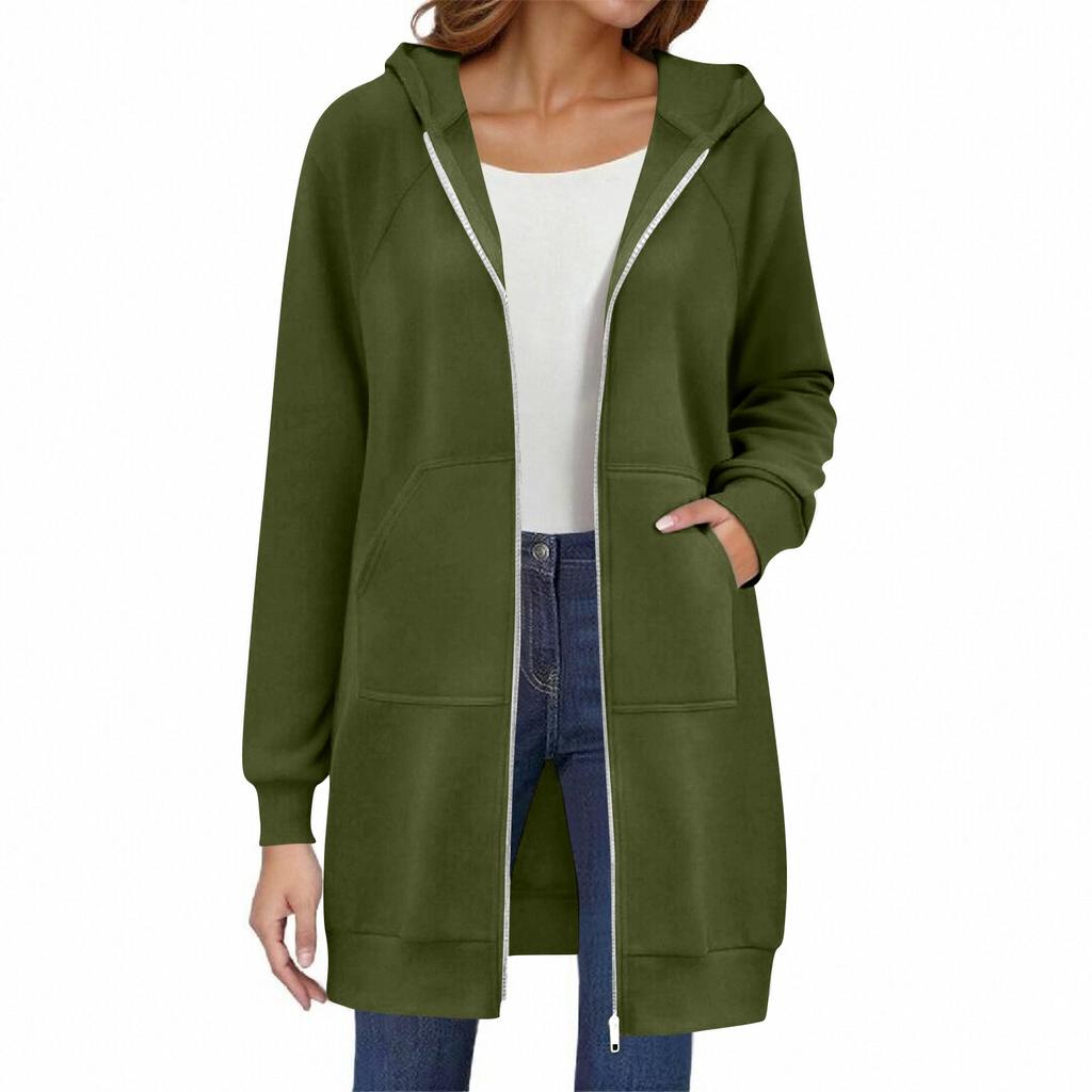 Women's Solid Color Zippered Sweatshirt Top Daily Casual Raglan Long Jacket (Without Hood Drawstring)