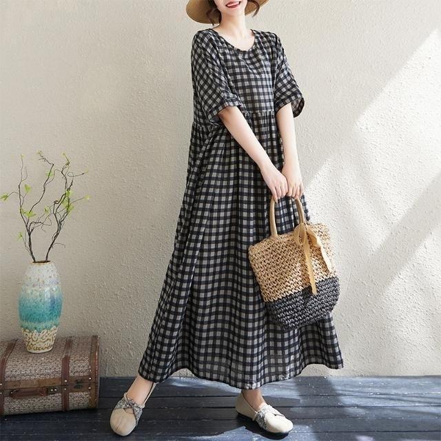 Summer New Literary Age Reduction Large Size Loose and Thin Printed Short-sleeved Long Dress with Pockets Over the Knee Skirt