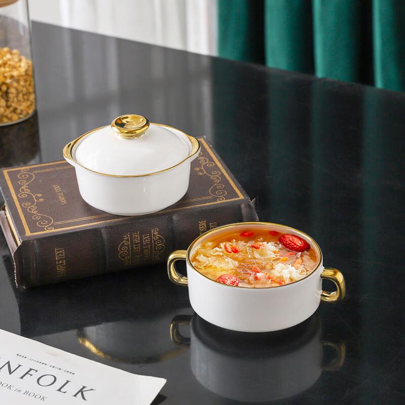 Zhi Shi Keramik Goldrand Suppentassen mit zwei Henkeln, Set à 10 Stück