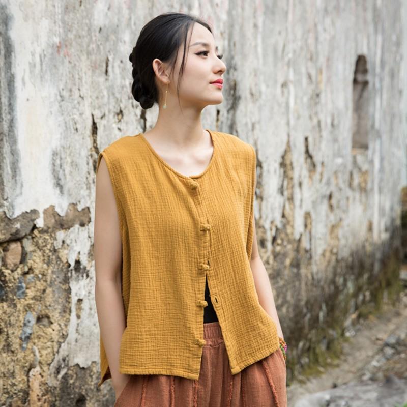 

Johnature Women Vintage Tops O-Neck Sleeveless Button Solid Color Cloths Summer Loose Tanks One Size