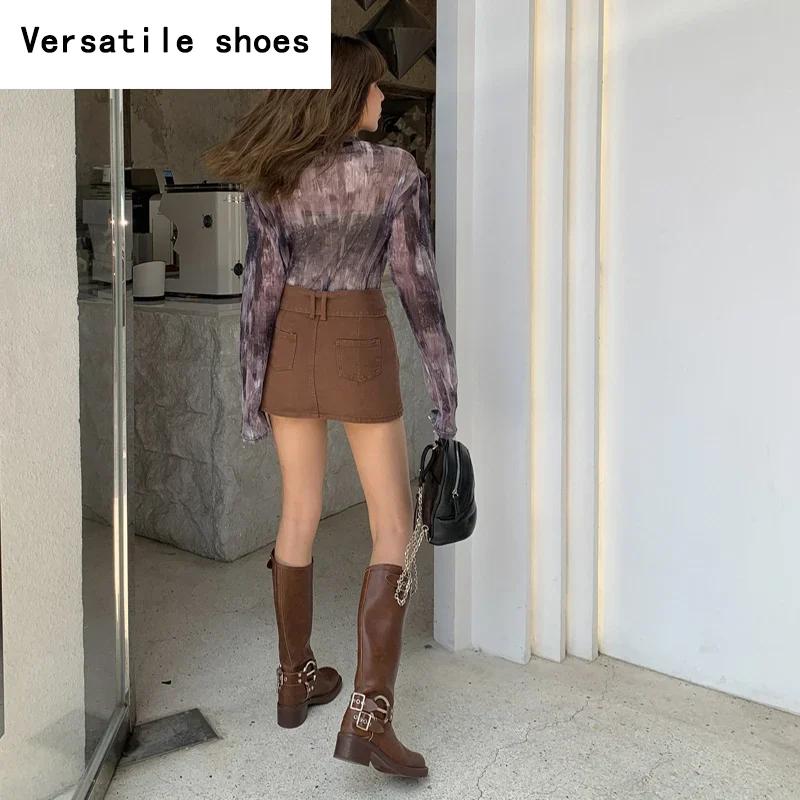 New Autumn Winter Knee High Boots Women Fashion Ladies Belt Buckle Knight Long Boots Women's Biker Booties