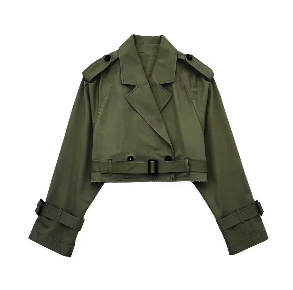 Women Fashion Belt Cropped Trench Jacket Vintage Notched Neck Long Sleeve Female Chic Lady Coat Outfits