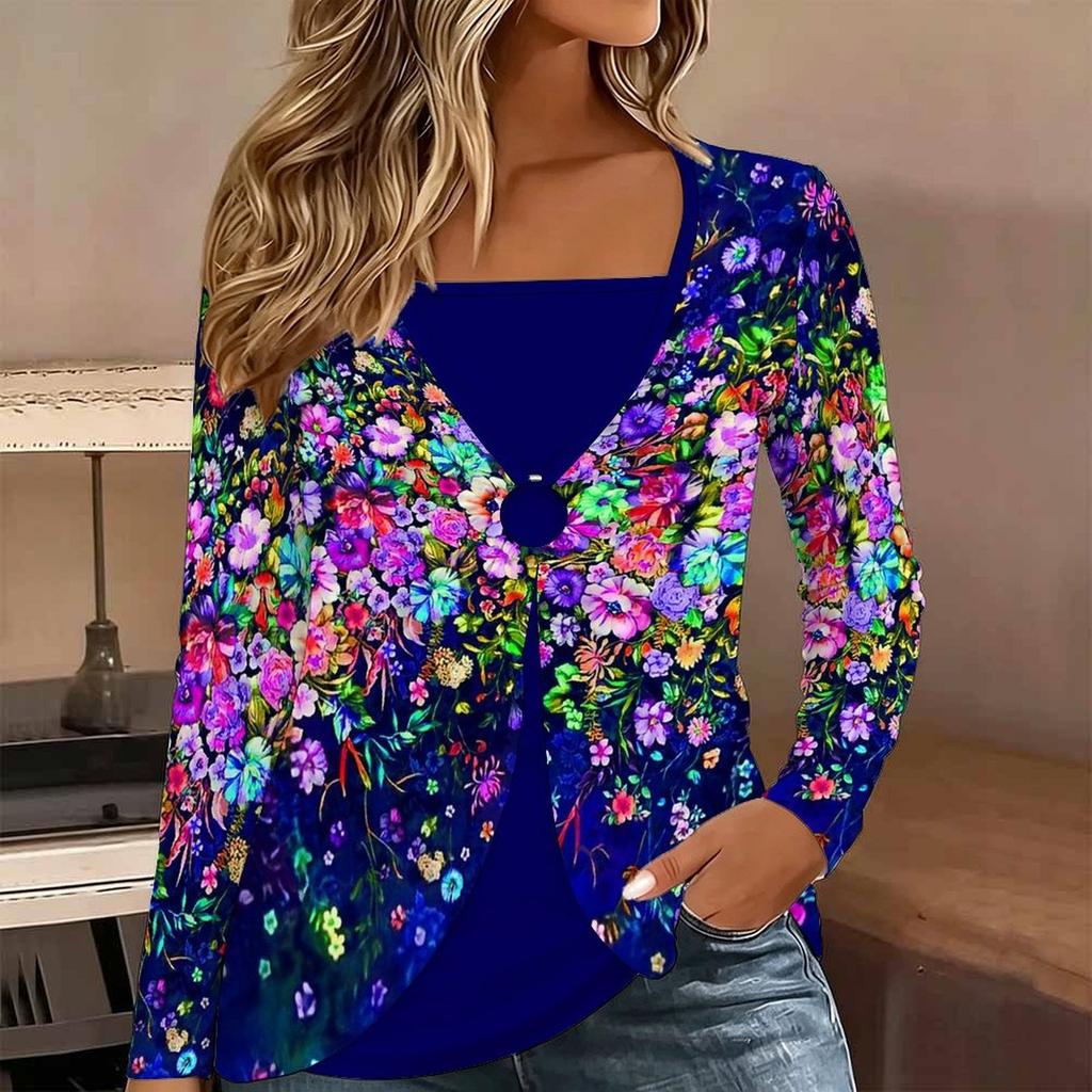 Tops for Women Floral Print Long Sleeve Fake Two‑Piece Top Fall Casual Slim Pullover Women's Long Sleeve Top
