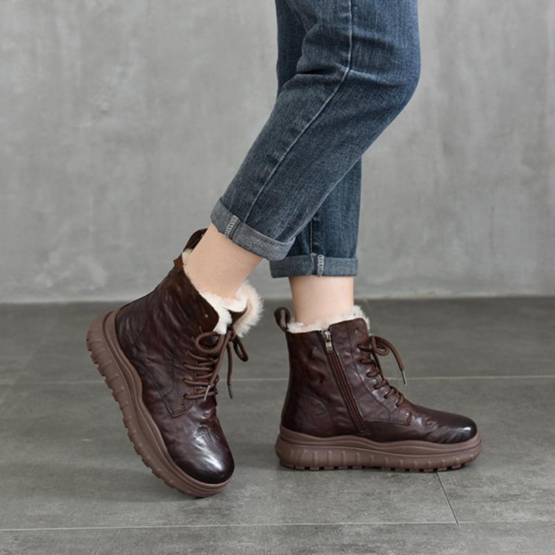 Johnature Thick Sole Wool Boots Thickened Warm Cotton Boots Genuine Leather Retro Women Short Boots