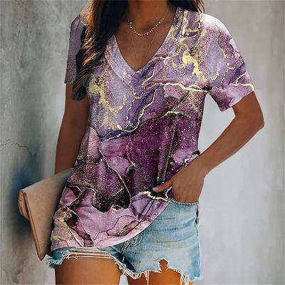 Magliette sfumate da donna Stampa 3D Manica corta Scollo a V Magliette e camicette Magliette Estate Moda casual T-shirt femminile Taglie forti Abbigliamento donna