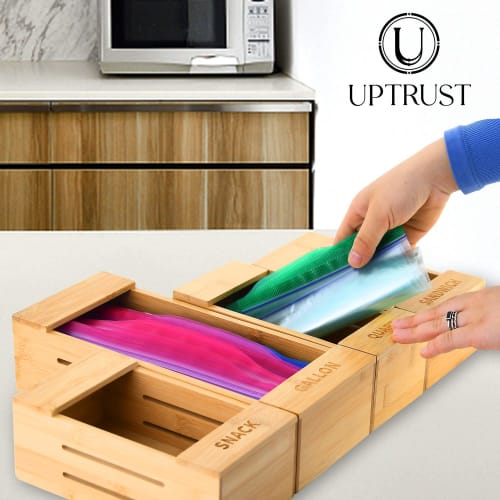 Ziploc Bag Storage Organizer, 4-Piece Sandwich Bag Organizer, Premium Bamboo Plastic Bag Organizer for Drawers, Perfect for Gallons, Quarts, Sandwiche