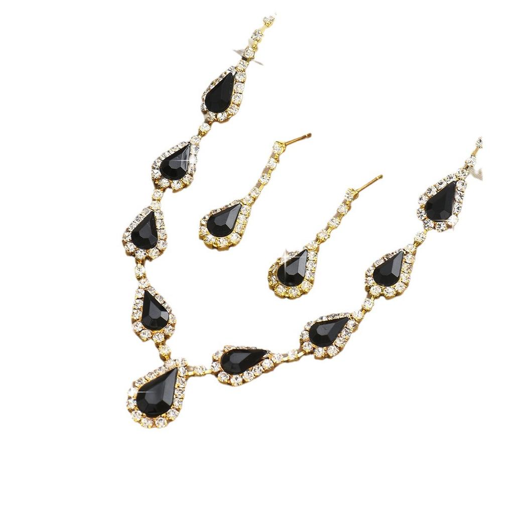 Modisches schwarzes Kristall-Halsketten-Ohrring-Schmuckset, vollbesetzt mit Diamanten, zweiteilig, Mode