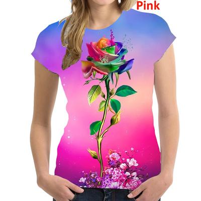Latest Fashion Summer Women's Rose Print Short Sleeve Casual Top, Beautiful, Elegant, Versatile Crew Neck T-Shirt