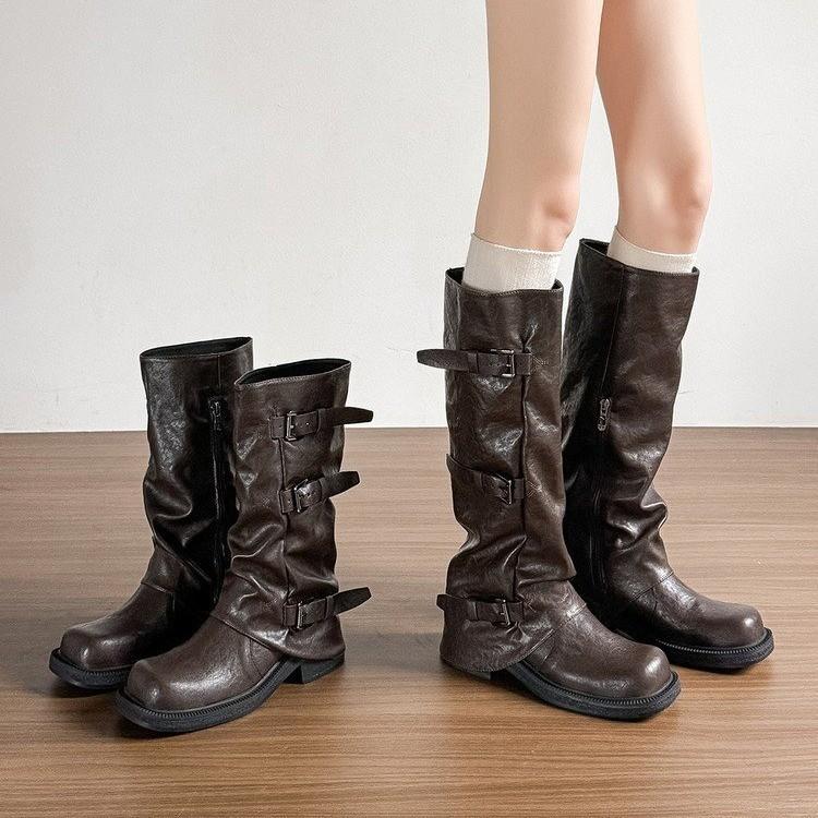 Korean ins~ Amber Soft Leather Wasteland Wind Pile Boots Women's Belt Buckle Height Increasing Skinny Medium Boots Pant Tube Boots