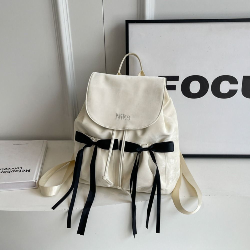 Рюкзак в корейском стиле с бантом двойной бант школьная сумка Y2k нейлоновый мешок-рюкзак на завязках для путешествий белый 1690₽