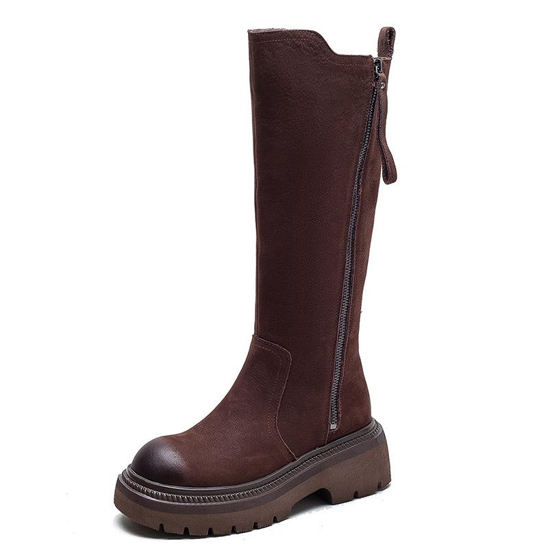 Fashion GKTINOO Retro Long Boots 2025 Winter New Genuine Leather Fashion Side Zipper Knight Boots Thick Soled Booties Women's Shoes