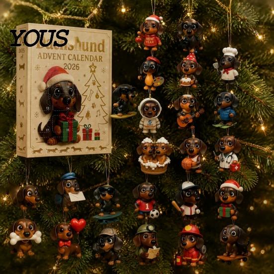 Decorazione per Albero Cucciolo Carino 2026 Calendario dell'Avvento Bassotto con 24 Decorazioni Acriliche 2D Uniche, Decorazione Festiva da Appendere per Natale Scatola Conto alla Rovescia