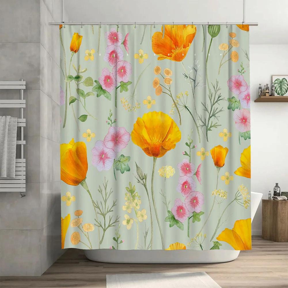 Colorful Floral Bath Curtain Waterproof Fabric Shower Room Decoration  for Bathroom Decor Home Accessories in Green Yellow