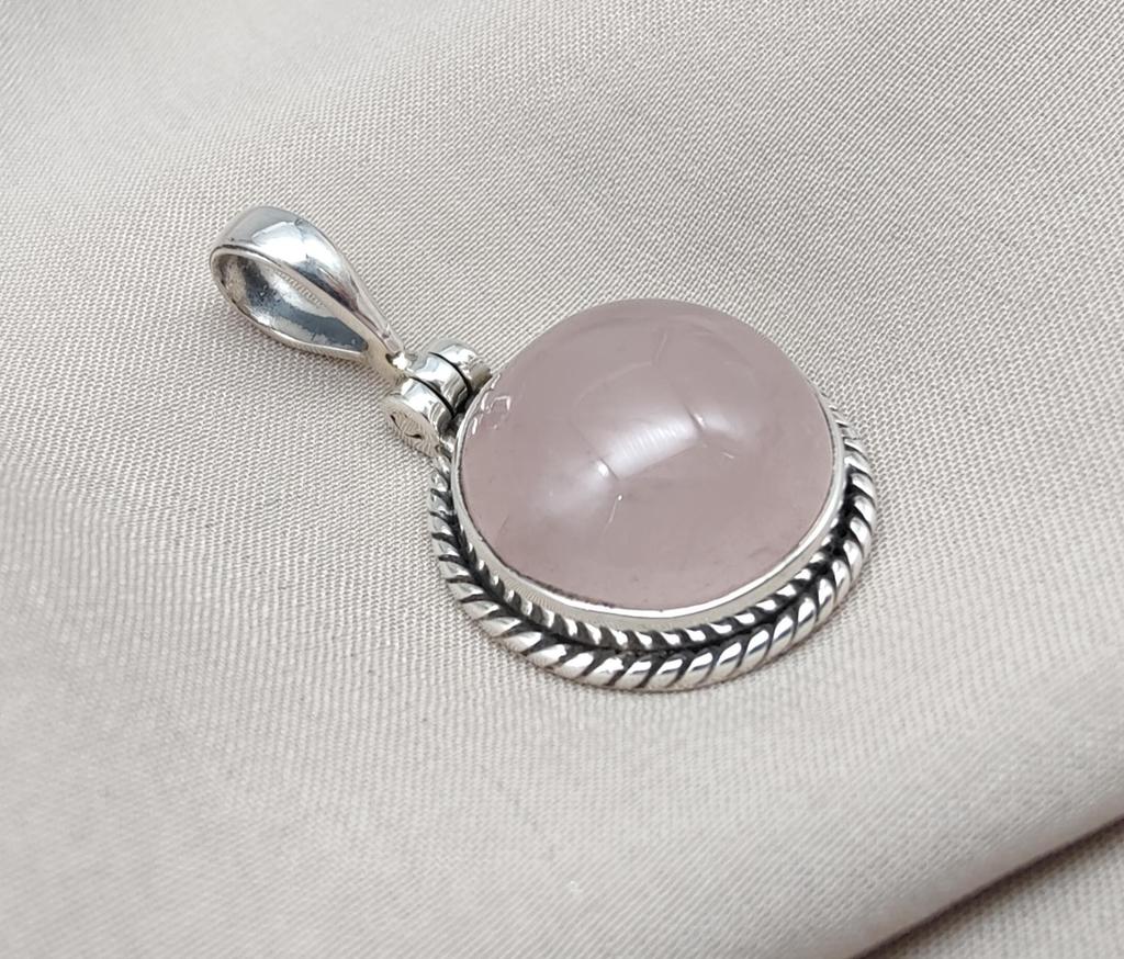 Handmade Rose Quartz Pendant: 925 Sterling Silver Round Necklace