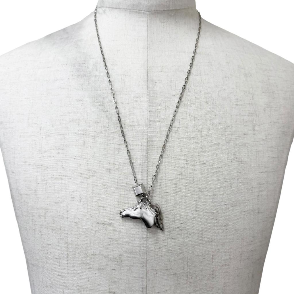 Great HERMES Necklace Talisman Pegasus Chain Silver Mens Used