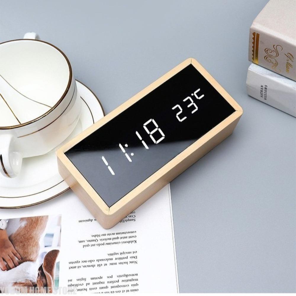 Bamboo Wooden Alarm Clock LED Display With Mirror Temperature Digital Watch Desktop Digital Table Home Decor Alarm Clocks