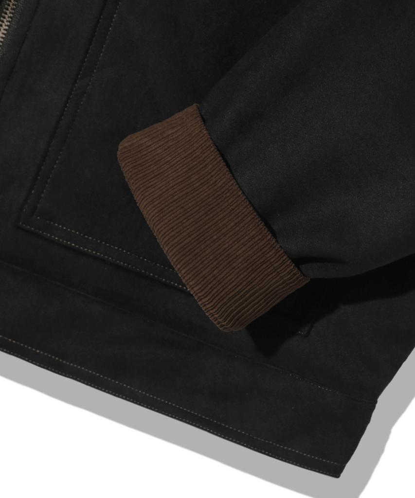 Trillion Corduroy Collar Suede Zip-Up Work Jacket [Black]