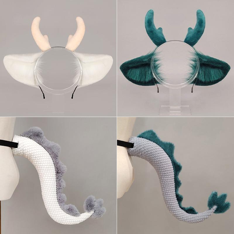 Handwork Little Dragon Ears Tail Set Fursuit Cosplay Costume Furry Animal Tails Ear Headband Halloween Party Suit For Women Men