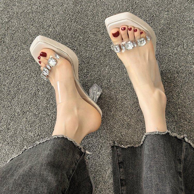 

Rhinestone high-heeled sandals 2024 spring and summer new fairy wind wear versatile transparent belt thick-heeled crystal slippers female 39