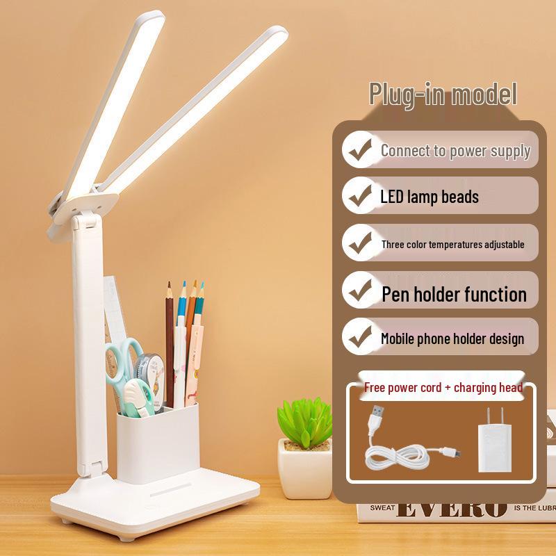 LED Eye-Protecting Double-Head Desk & Bedside Lamp with Atmosphere Night Light for College Study & Dorm Reading